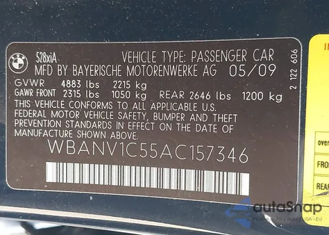 2010 BMW 528I xDrive from USA, damaged, VIN WBANV1C55AC157346